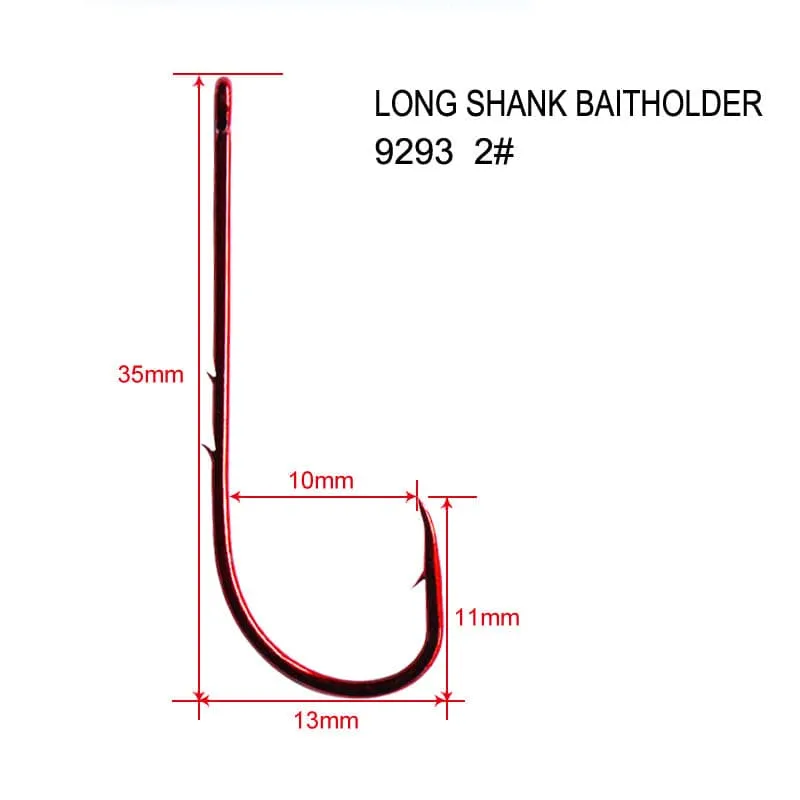 100X Long Shank Baitholder Hooks RED Size 2# Fishing Tackle