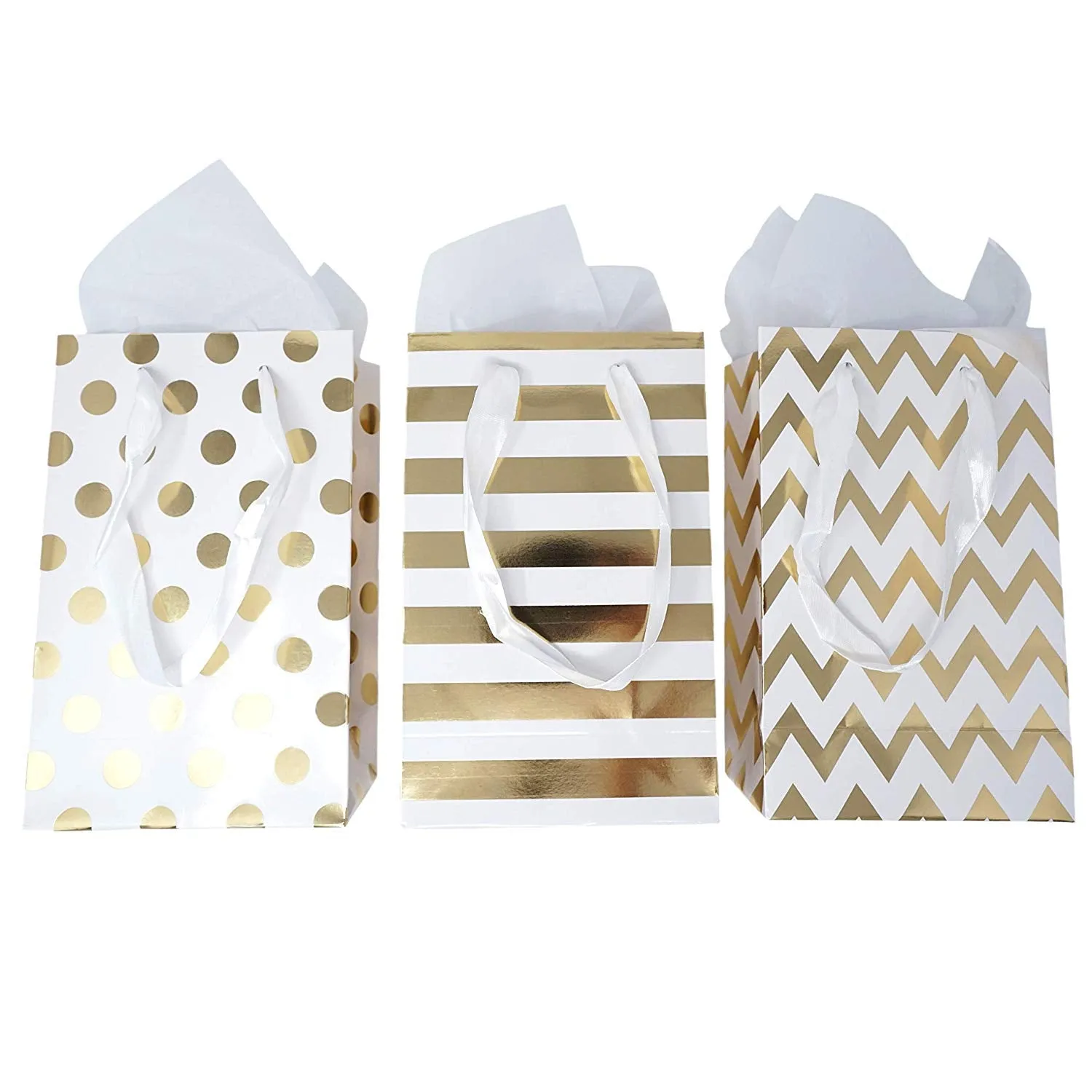 12 Gold Foil Paper Gift Bags with Tissue Paper Satin Ribbon Handles