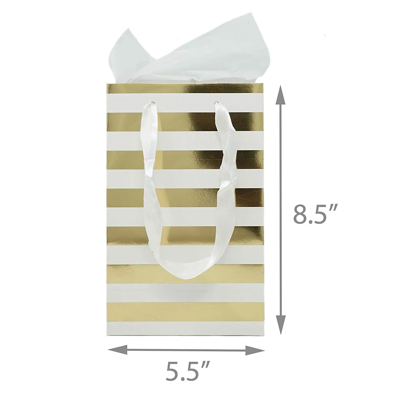 12 Gold Foil Paper Gift Bags with Tissue Paper Satin Ribbon Handles