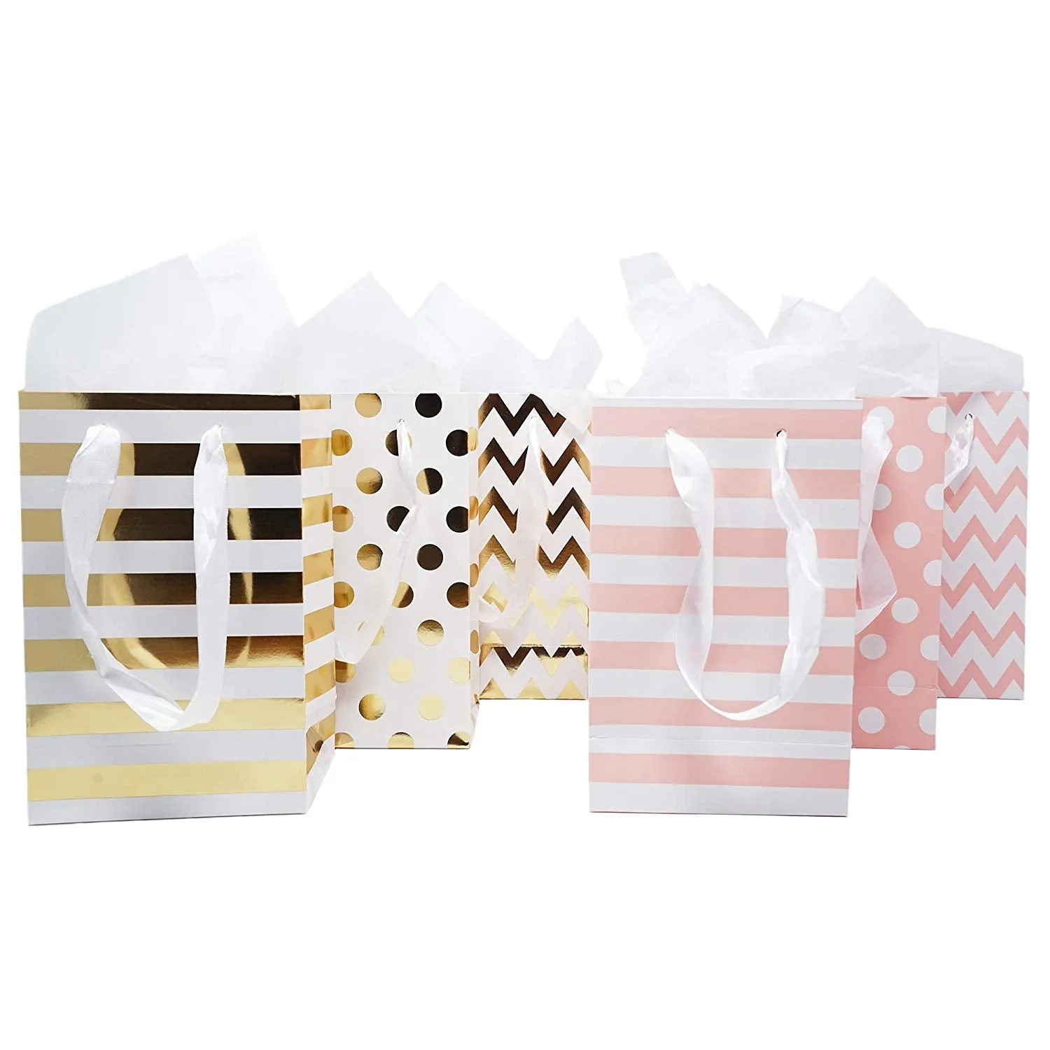 12 Pink Gold Foil Paper Gift Bags with Tissue Paper Satin Ribbon Handles