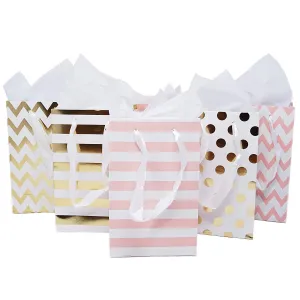12 Pink Gold Foil Paper Gift Bags with Tissue Paper Satin Ribbon Handles
