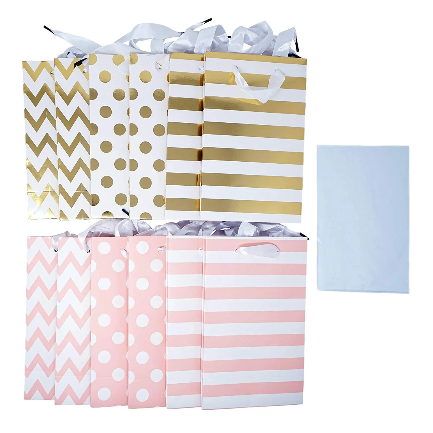 12 Pink Gold Foil Paper Gift Bags with Tissue Paper Satin Ribbon Handles