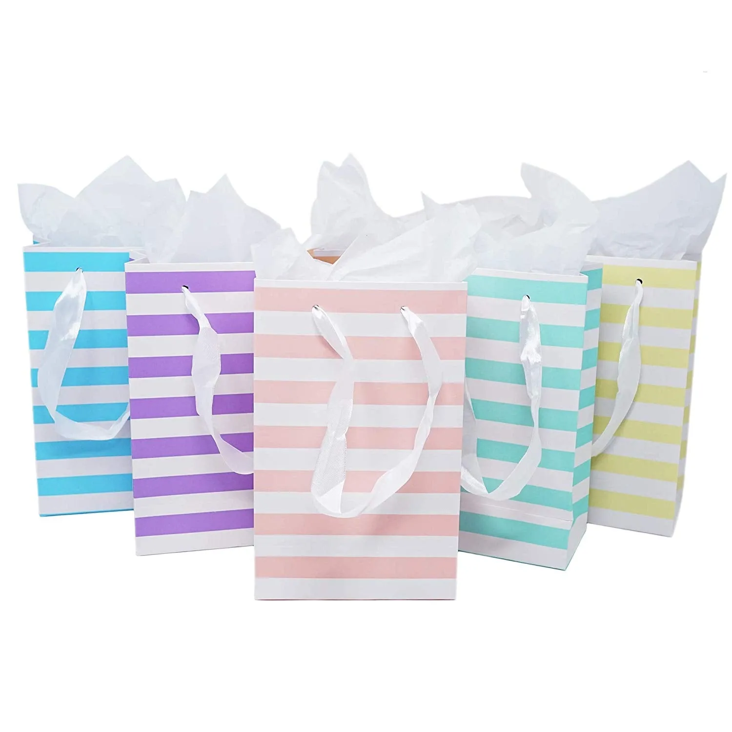 12 Unicorn Pastel Rainbow Paper Gift Bags with Tissue Paper Satin Ribbon Handles
