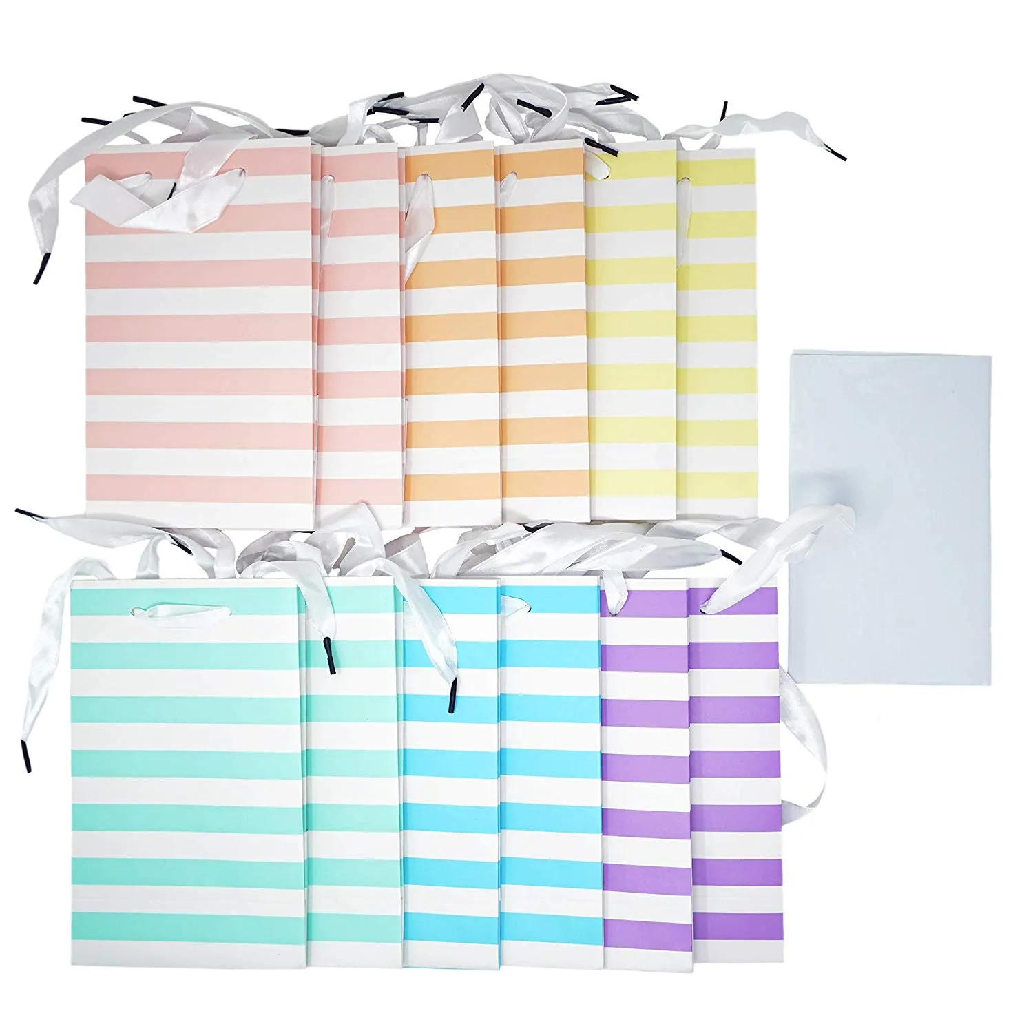 12 Unicorn Pastel Rainbow Paper Gift Bags with Tissue Paper Satin Ribbon Handles