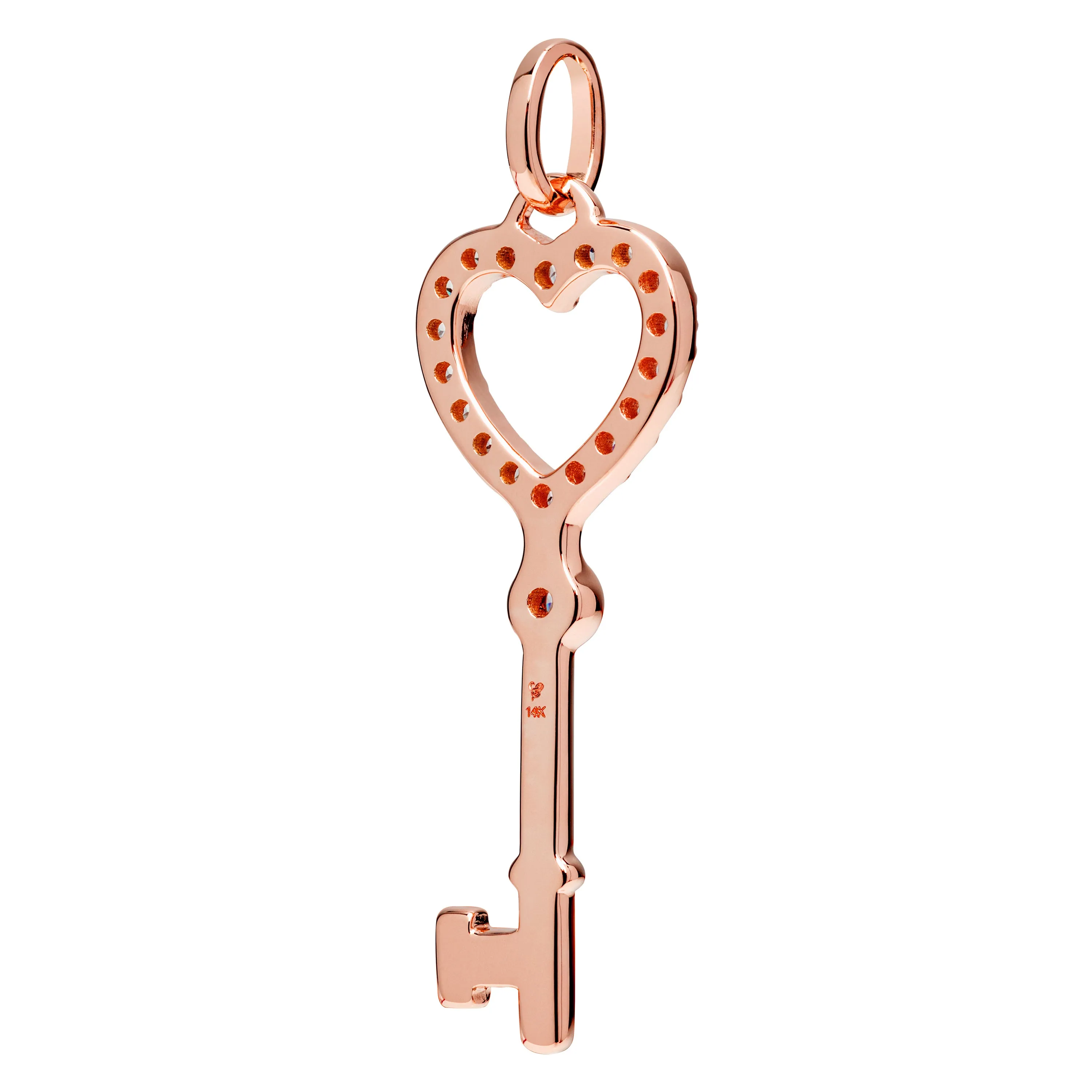 14K Solid Rose Gold Key to my Heart Pendant | Pave Round Cut Cubic Zirconia Pendant | .20 CTW | Pendant Only | With Gift Box