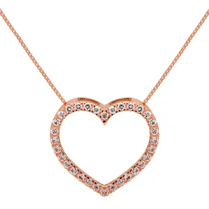 14K Solid Rose Gold Open Heart Pendant | Pave Round Cut Cubic Zirconia Necklace| .35 CTW | 16 Inch Box Link Chain | With Gift Box