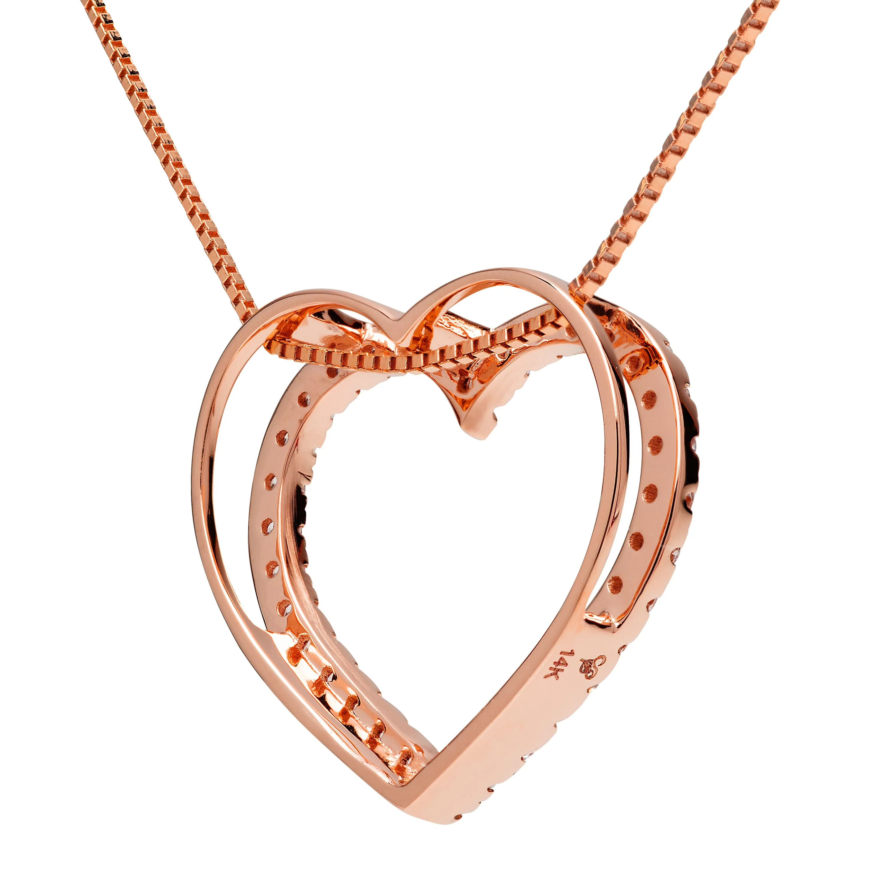 14K Solid Rose Gold Open Heart Pendant | Pave Round Cut Cubic Zirconia Necklace| .35 CTW | 18 Inch Box Link Chain | With Gift Box