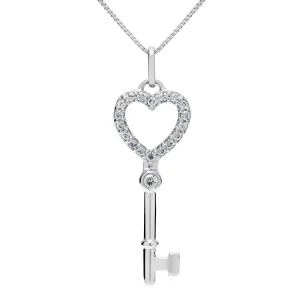 14K Solid White Gold Key to my Heart Pendant | Pave Round Cut Cubic Zirconia Pendant| .20 CTW | 18 Inch Box Link Chain | With Gift Box