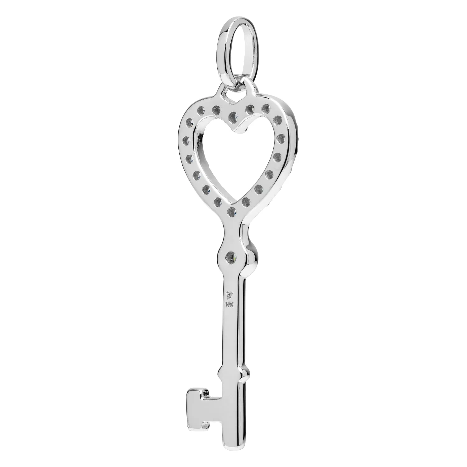 14K Solid White Gold Key to my Heart Pendant | Pave Round Cut Cubic Zirconia Pendant | .20 CTW | Pendant Only | With Gift Box