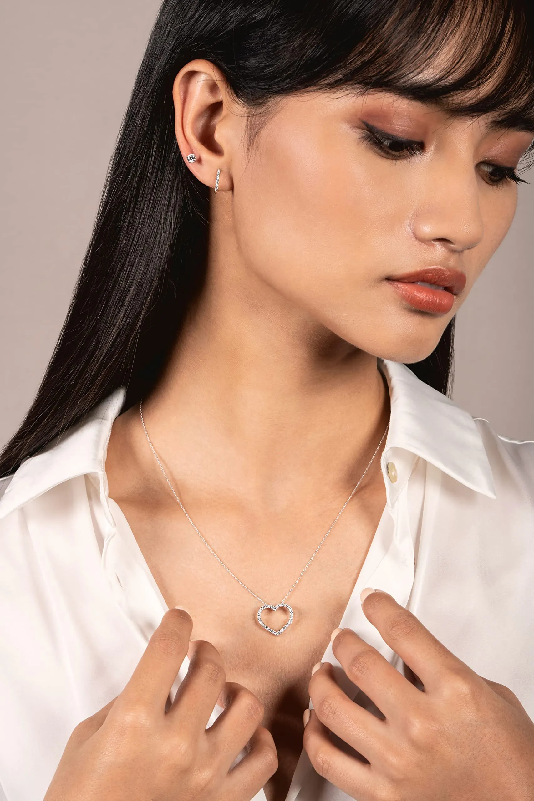 14K Solid White Gold Open Heart Pendant | Pave Round Cut Cubic Zirconia Necklace| .35 CTW | 16 Inch Box Link Chain | With Gift Box