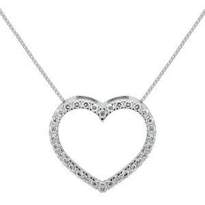 14K Solid White Gold Open Heart Pendant | Pave Round Cut Cubic Zirconia Necklace| .35 CTW | 18 Inch Box Link Chain | With Gift Box