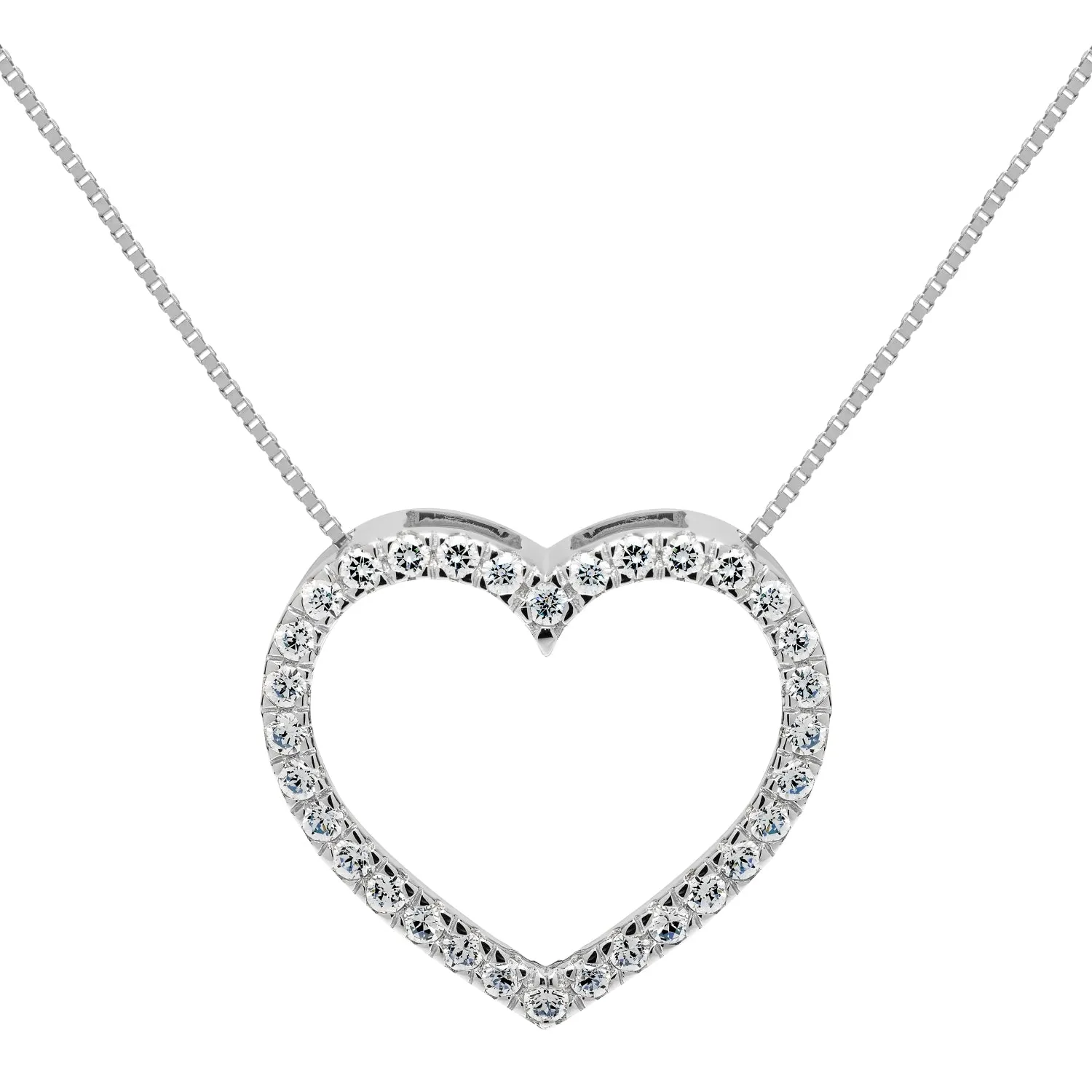 14K Solid White Gold Open Heart Pendant | Pave Round Cut Cubic Zirconia Necklace| .35 CTW | 18 Inch Box Link Chain | With Gift Box