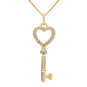 14K Solid Yellow Gold Key to my Heart Pendant | Pave Round Cut Cubic Zirconia Pendant| .20 CTW | 16 Inch Box Link Chain | With Gift Box