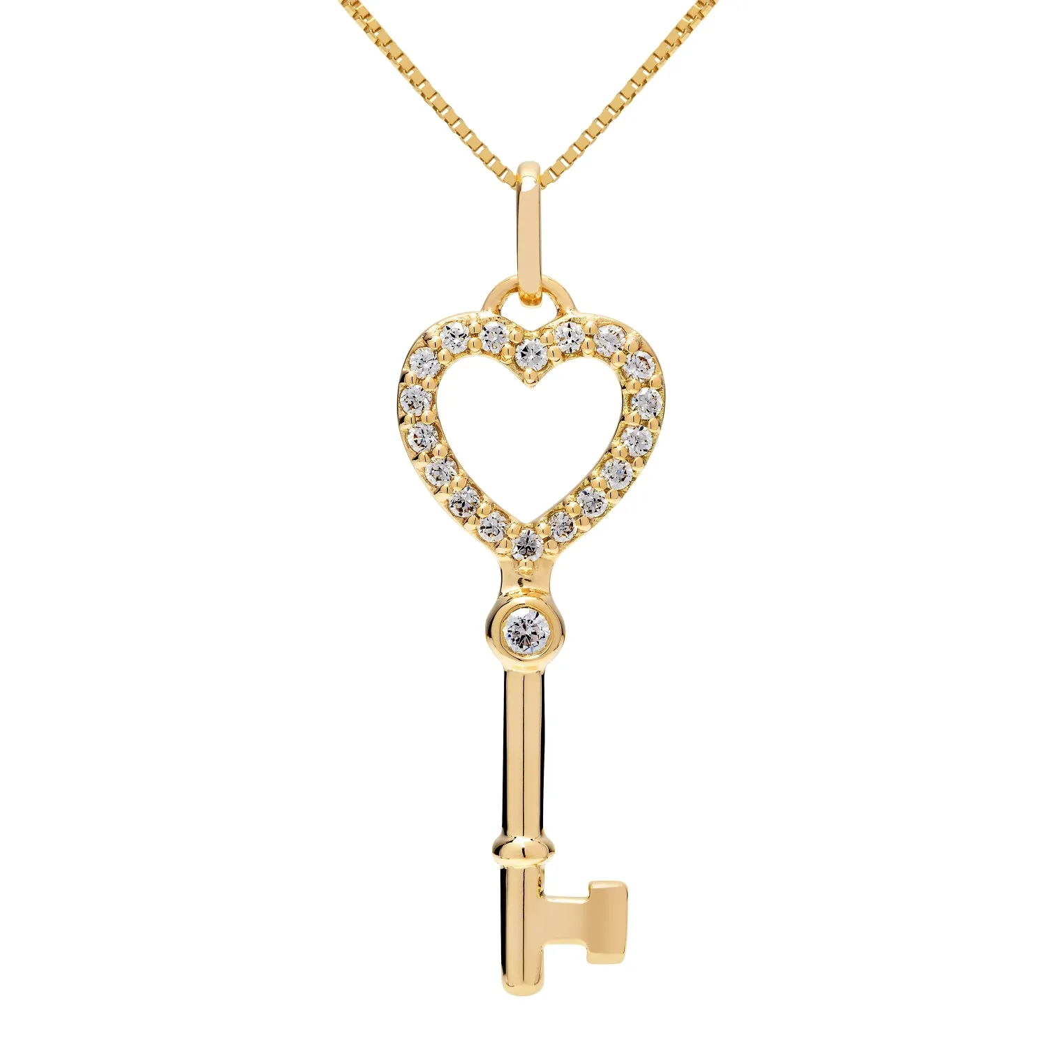 14K Solid Yellow Gold Key to my Heart Pendant | Pave Round Cut Cubic Zirconia Pendant| .20 CTW | 16 Inch Box Link Chain | With Gift Box
