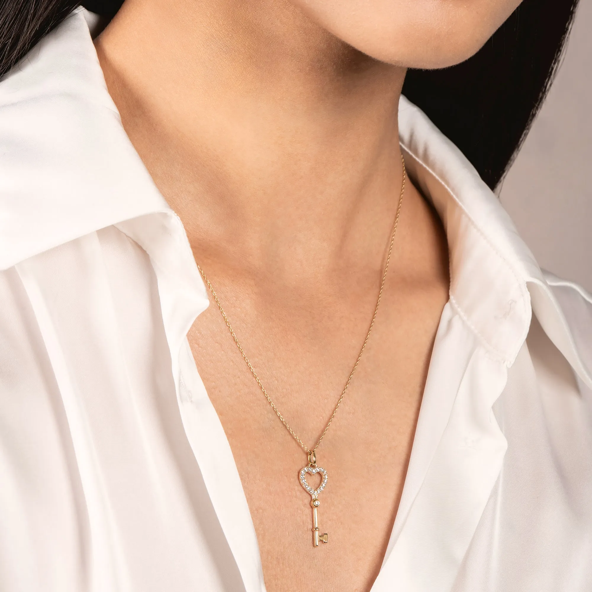 14K Solid Yellow Gold Key to my Heart Pendant | Pave Round Cut Cubic Zirconia Pendant | .20 CTW | Pendant Only | With Gift Box
