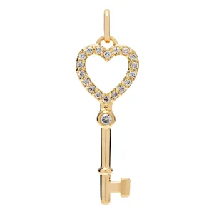 14K Solid Yellow Gold Key to my Heart Pendant | Pave Round Cut Cubic Zirconia Pendant | .20 CTW | Pendant Only | With Gift Box