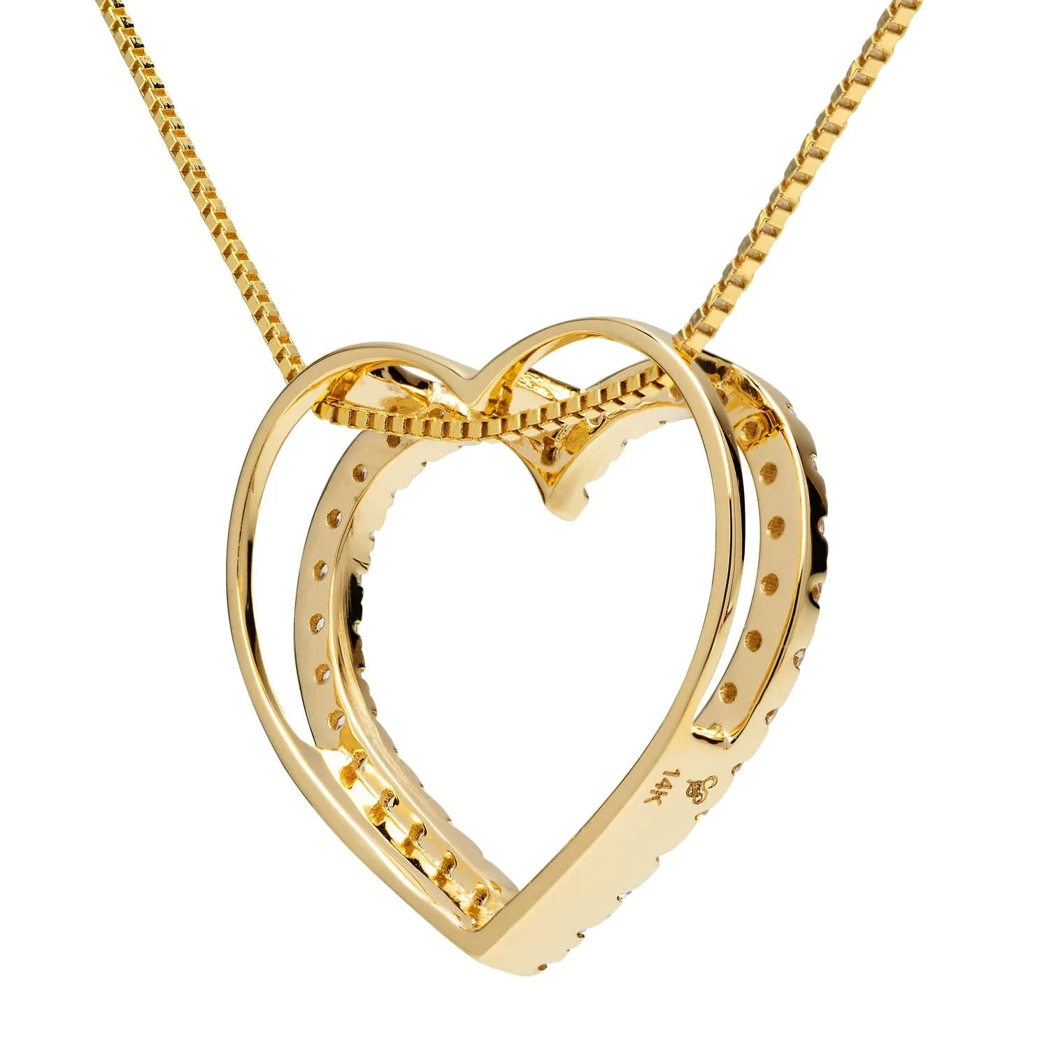 14K Solid Yellow Gold Open Heart Pendant | Pave Round Cut Cubic Zirconia Necklace| .35 CTW | 16 Inch Box Link Chain | With Gift Box