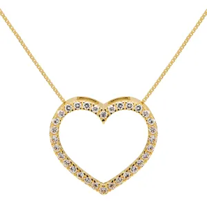 14K Solid Yellow Gold Open Heart Pendant | Pave Round Cut Cubic Zirconia Necklace| .35 CTW | 18 Inch Box Link Chain | With Gift Box