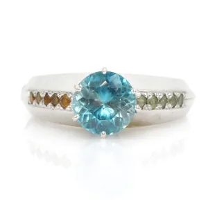 1.83 carat Blue Zircon with Tsavorite & Spessartine Garnet Ring in White Gold