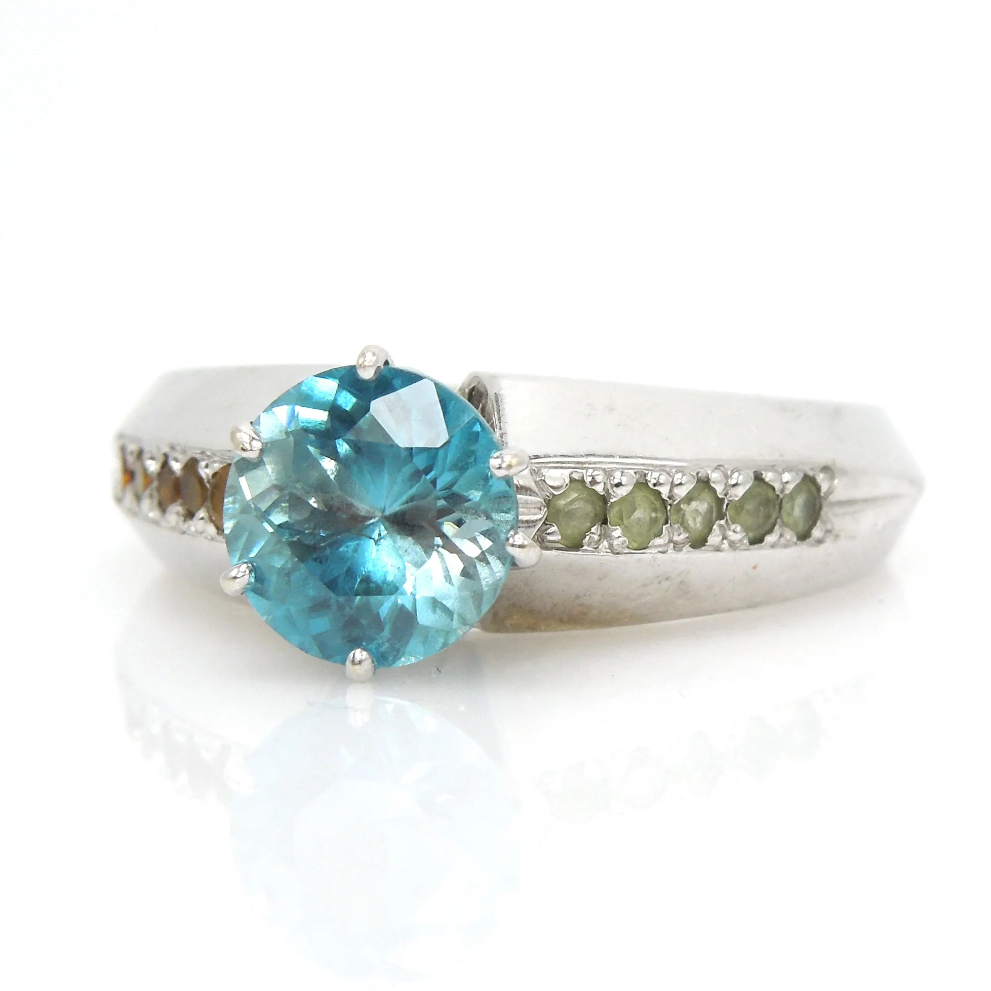 1.83 carat Blue Zircon with Tsavorite & Spessartine Garnet Ring in White Gold