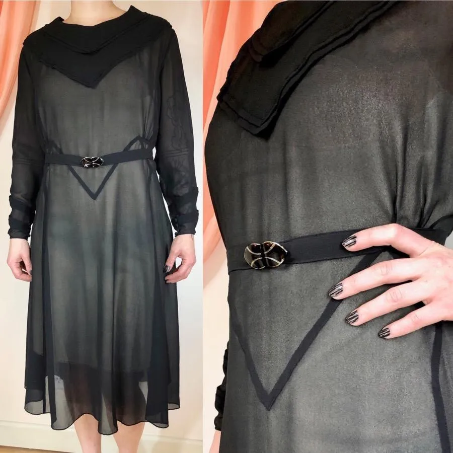 1920's Sheer Pieced Dress with Enamel Belt