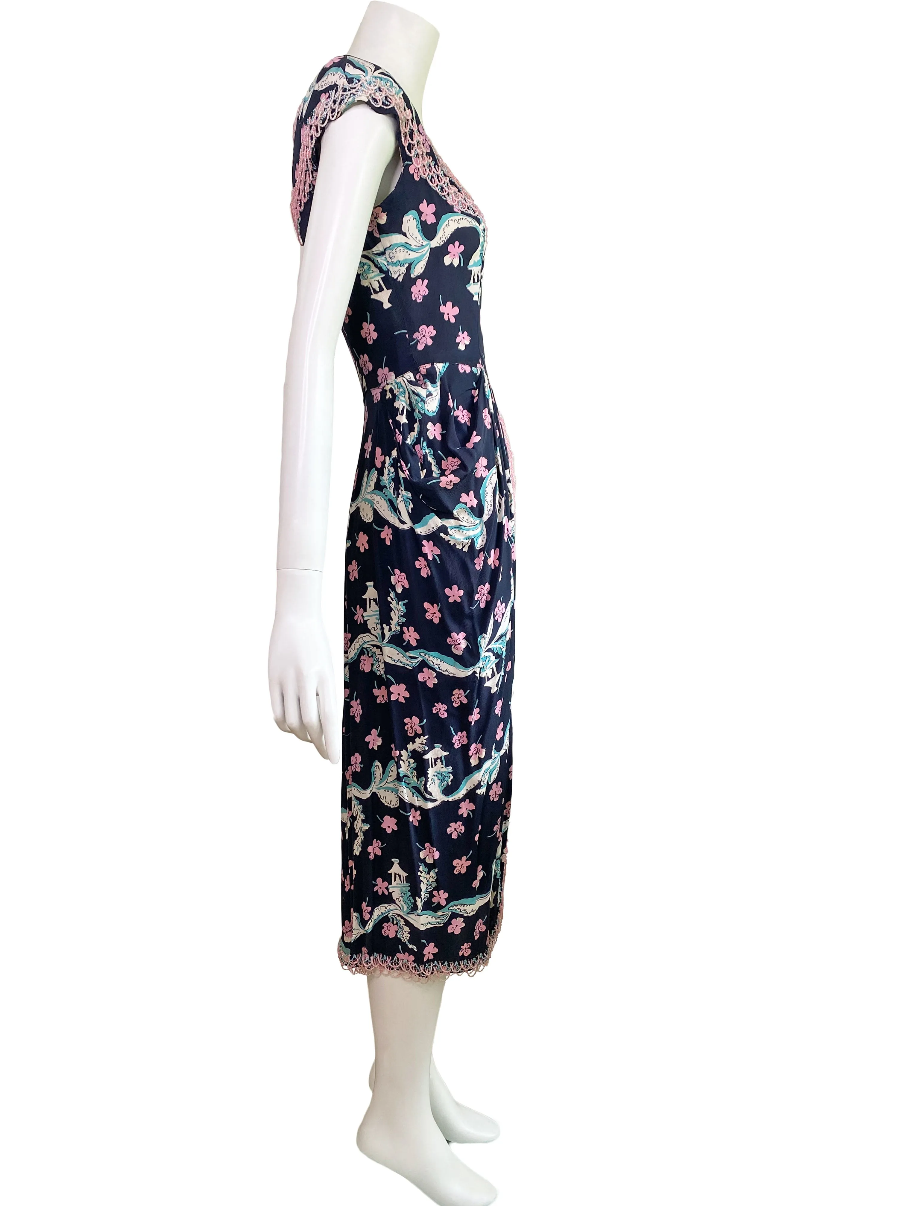 1940s Jo Copeland for Pat Tullo Sakura Print Dress