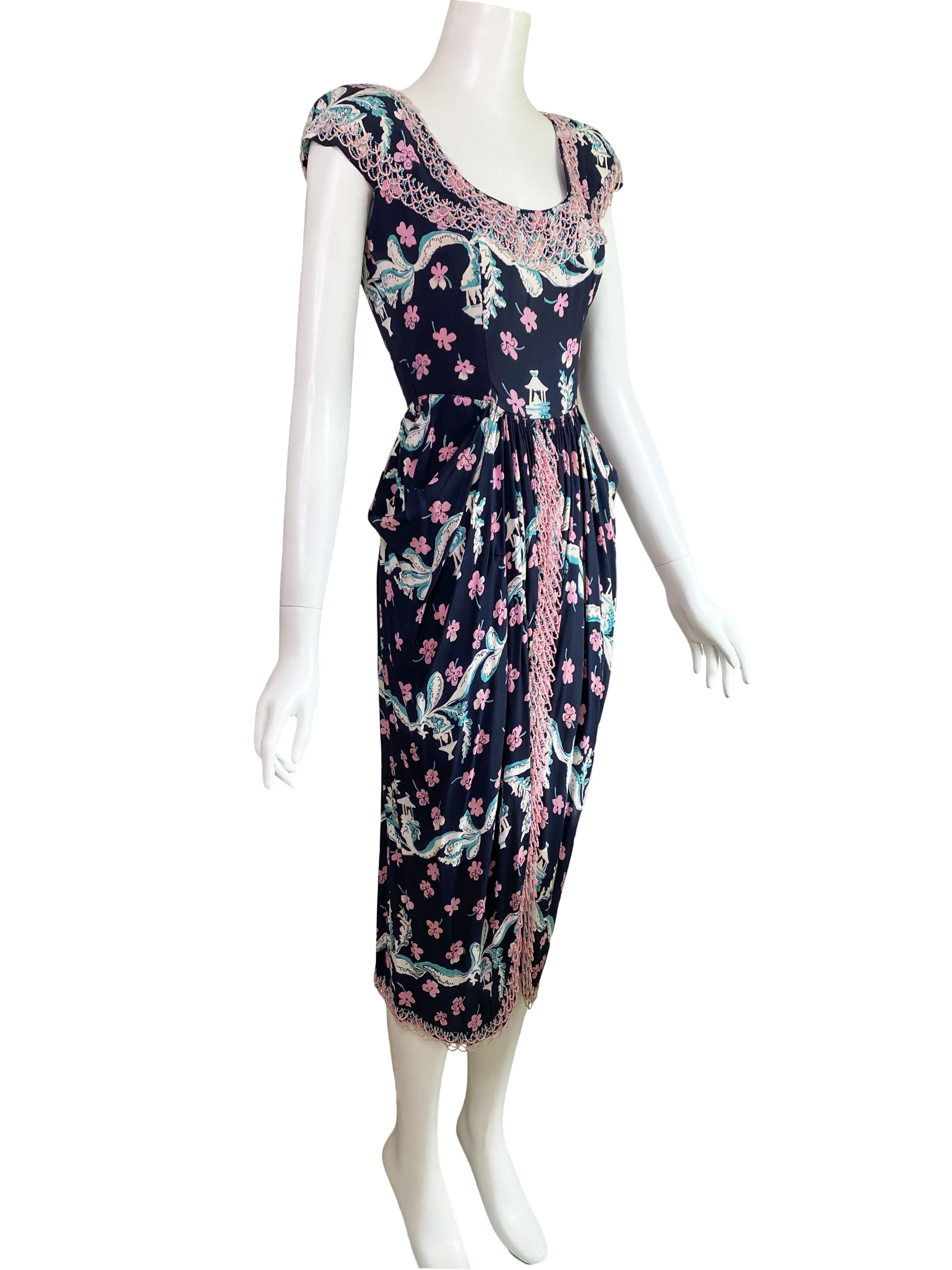 1940s Jo Copeland for Pat Tullo Sakura Print Dress