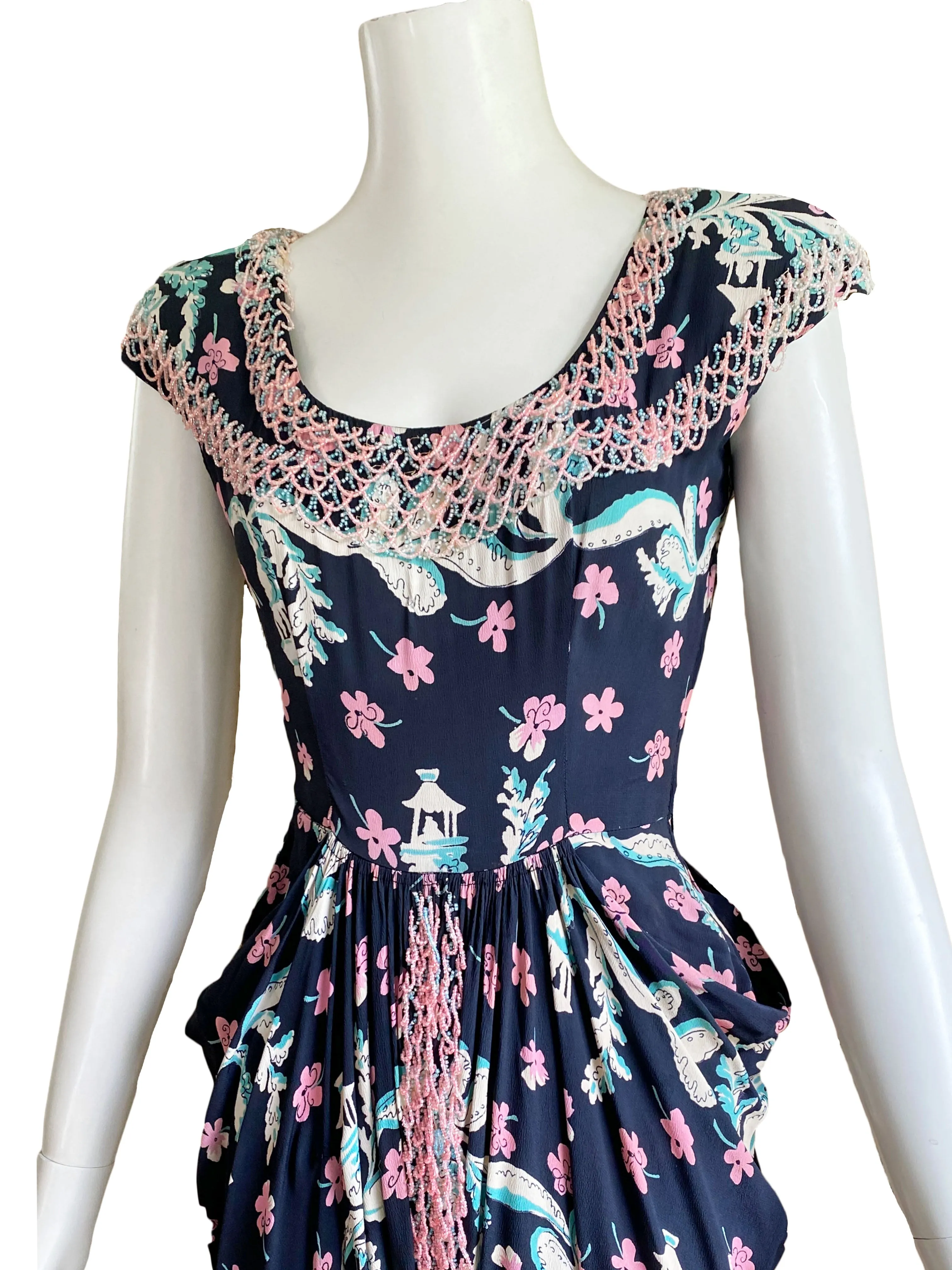 1940s Jo Copeland for Pat Tullo Sakura Print Dress