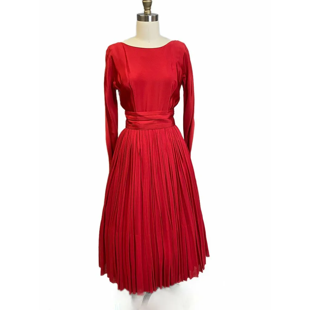 1940s Vintage Cocktail Dress Red L'Aiglon Wide Waist Sheer Skirt Sleek M