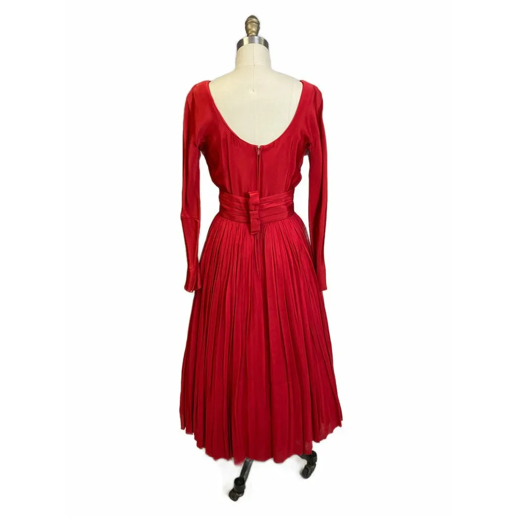 1940s Vintage Cocktail Dress Red L'Aiglon Wide Waist Sheer Skirt Sleek M
