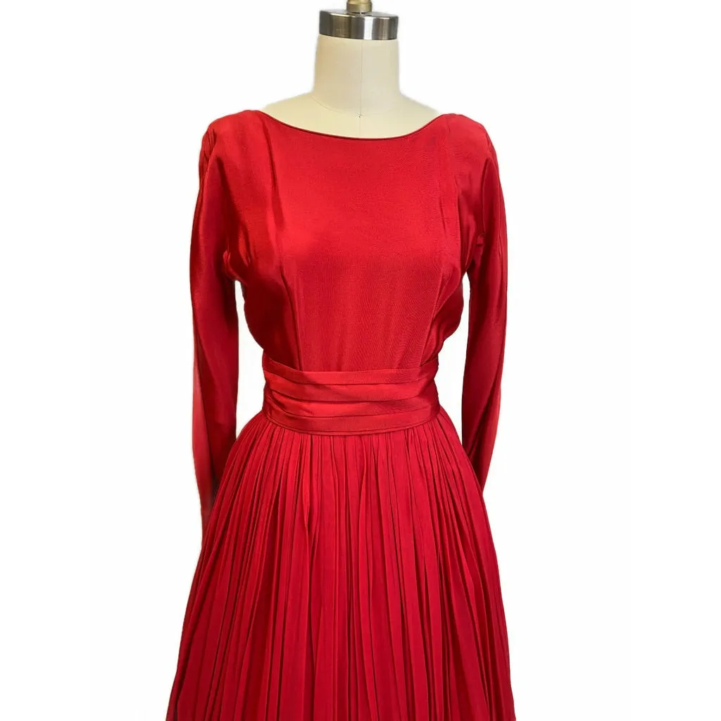 1940s Vintage Cocktail Dress Red L'Aiglon Wide Waist Sheer Skirt Sleek M