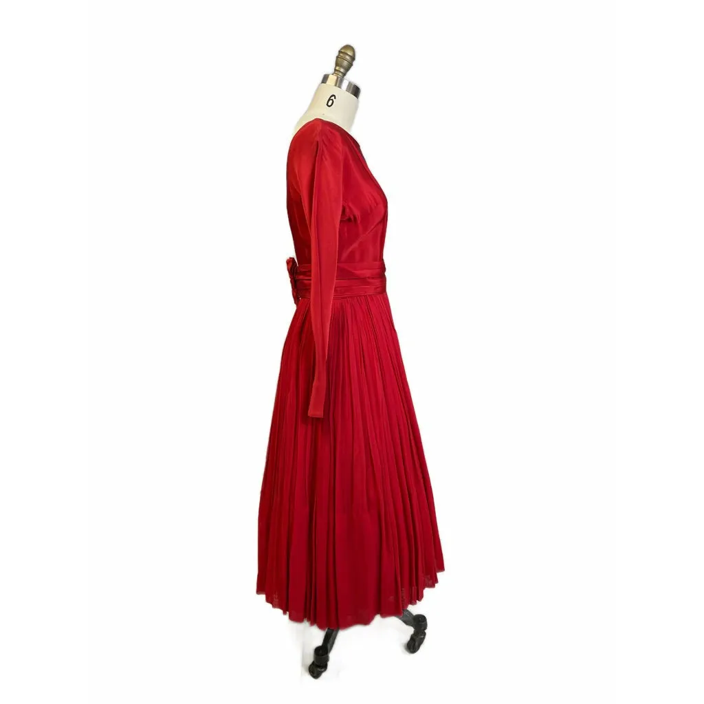 1940s Vintage Cocktail Dress Red L'Aiglon Wide Waist Sheer Skirt Sleek M