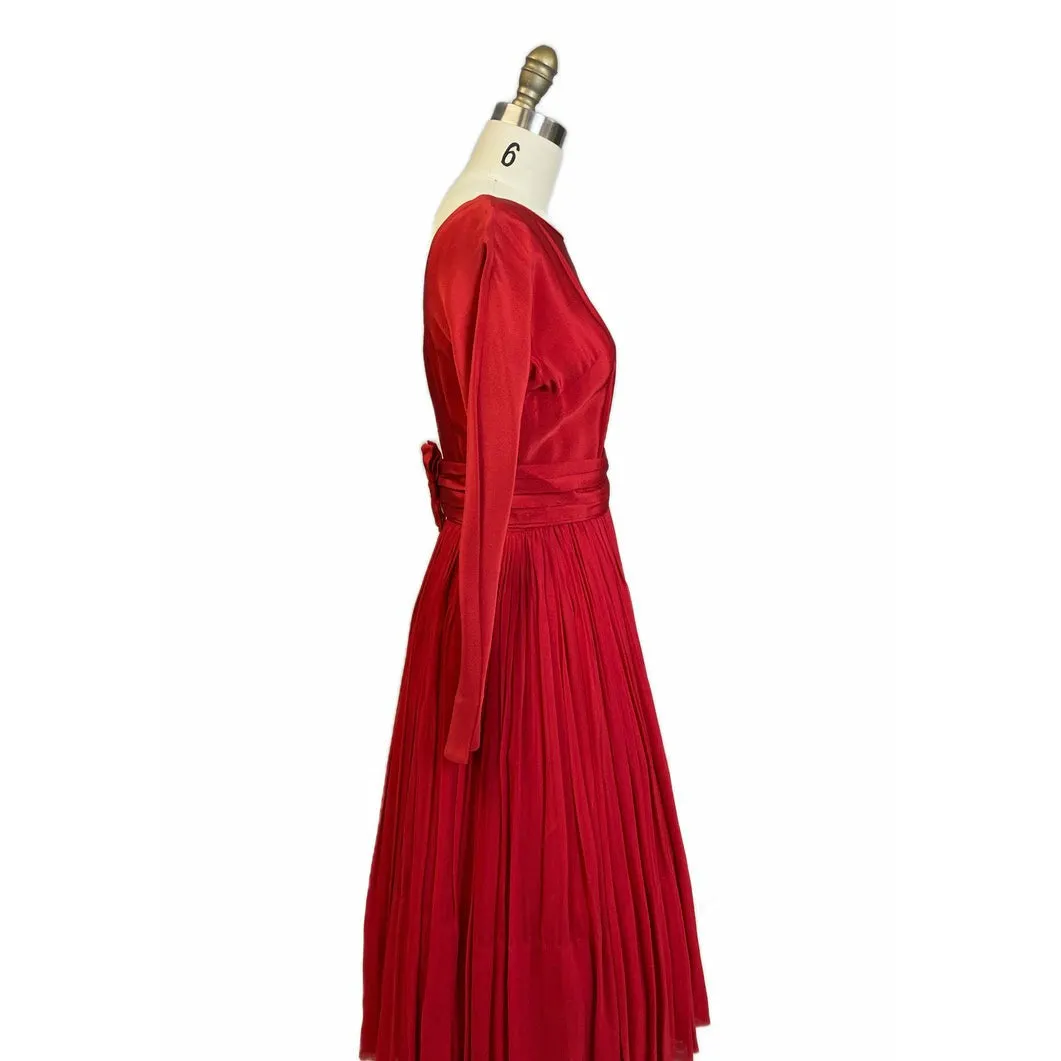 1940s Vintage Cocktail Dress Red L'Aiglon Wide Waist Sheer Skirt Sleek M