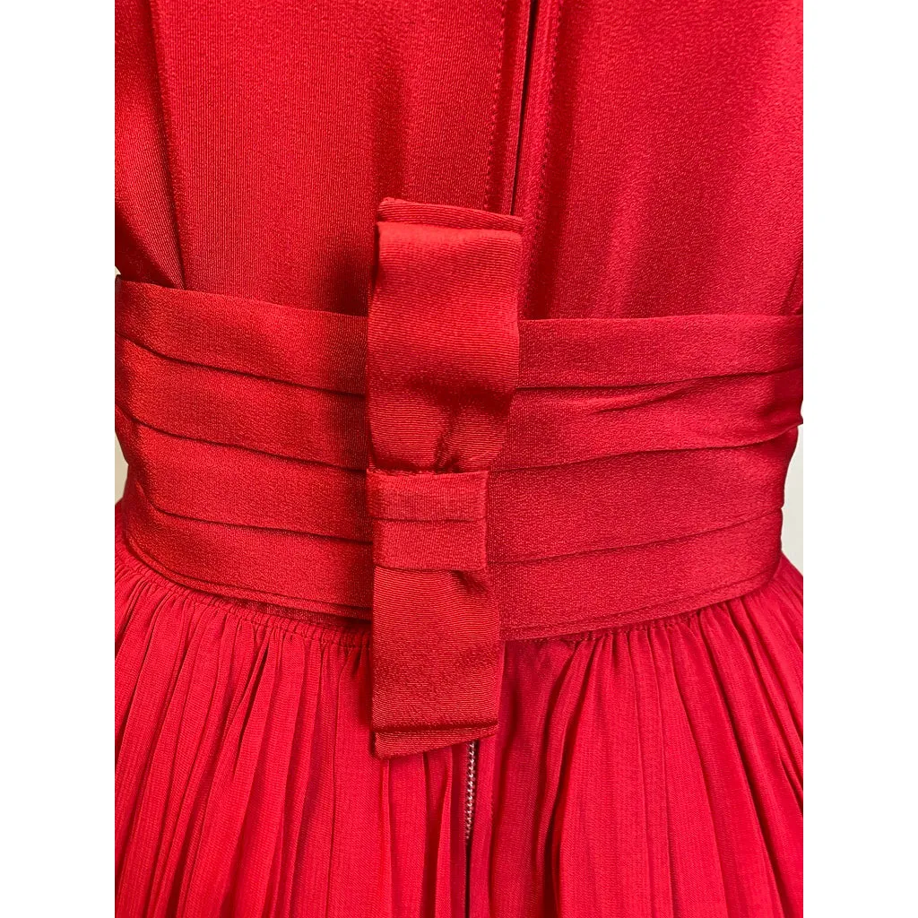 1940s Vintage Cocktail Dress Red L'Aiglon Wide Waist Sheer Skirt Sleek M