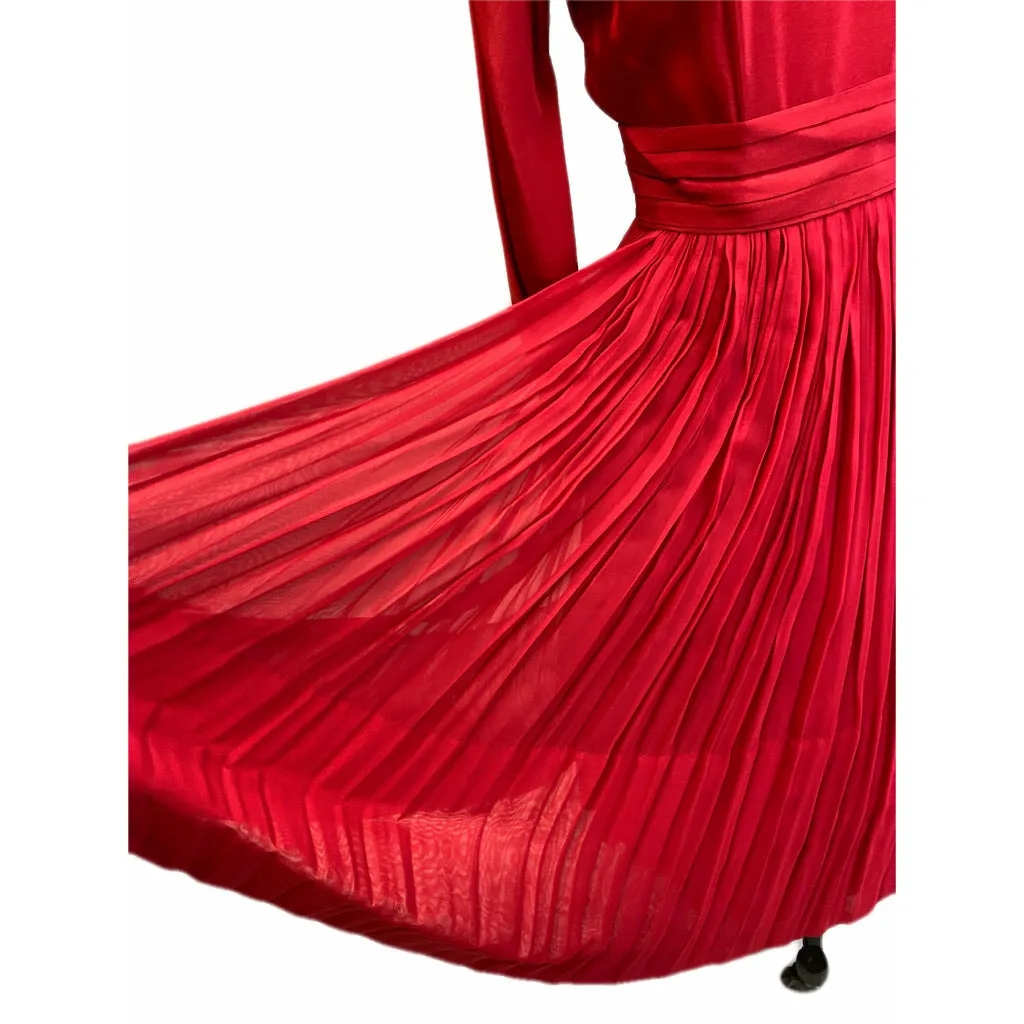 1940s Vintage Cocktail Dress Red L'Aiglon Wide Waist Sheer Skirt Sleek M