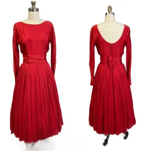 1940s Vintage Cocktail Dress Red L'Aiglon Wide Waist Sheer Skirt Sleek M