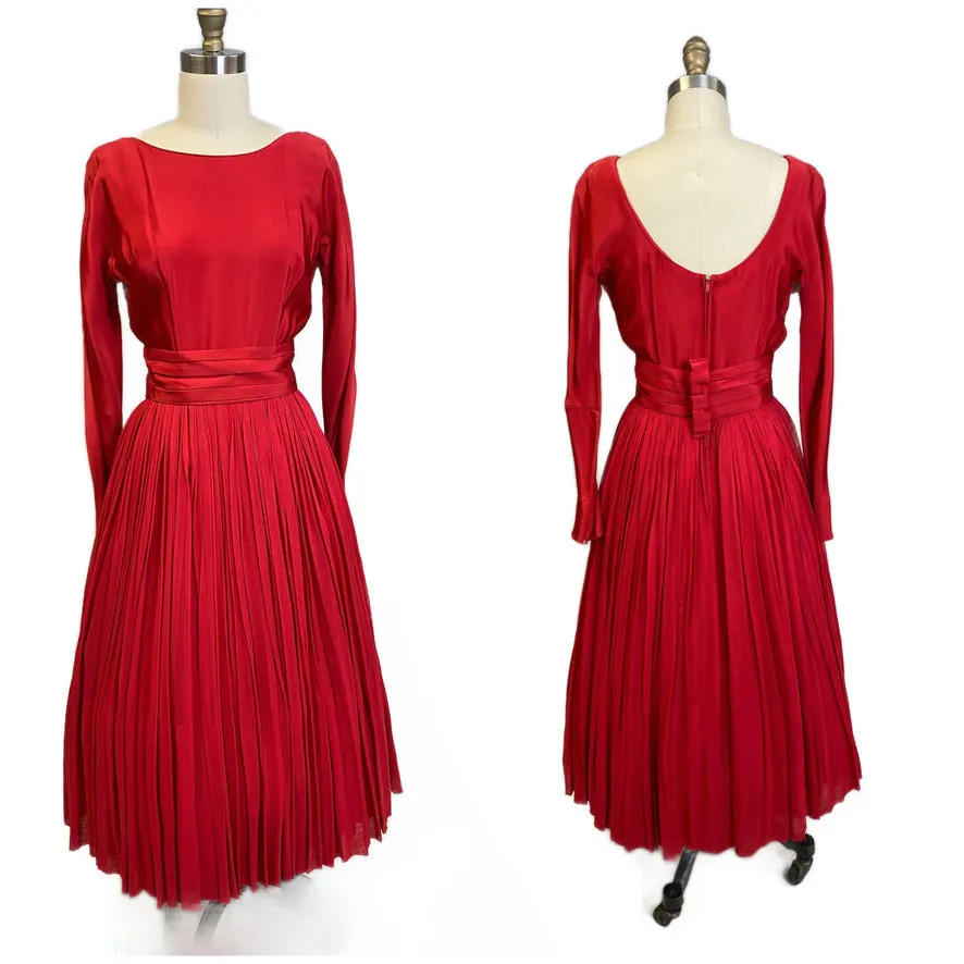 1940s Vintage Cocktail Dress Red L'Aiglon Wide Waist Sheer Skirt Sleek M