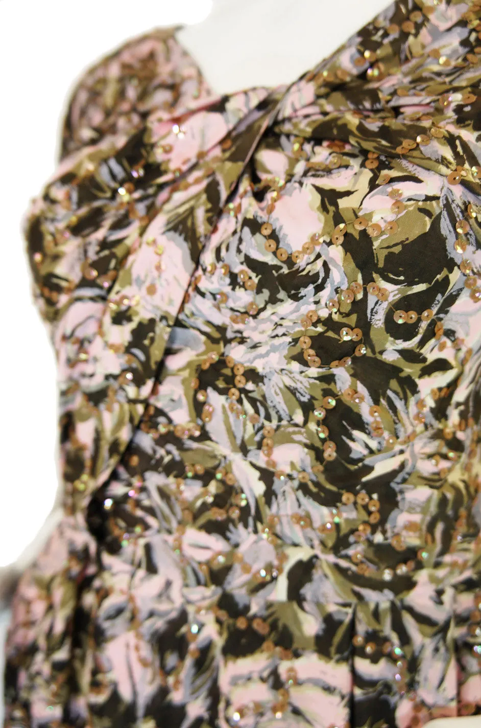 1950s Pink Print Silk and Sequin Dress