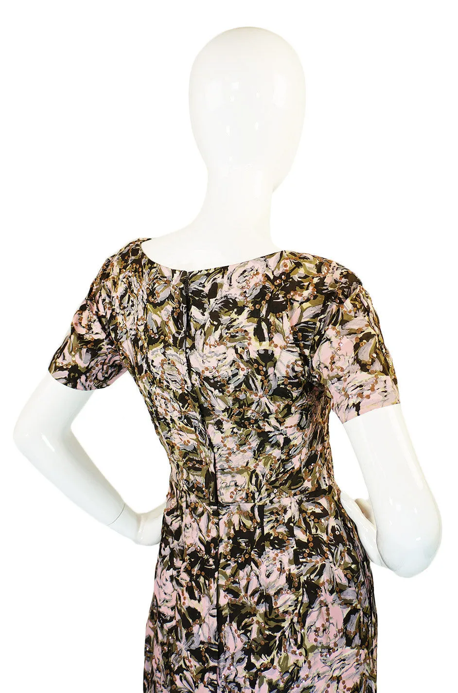 1950s Pink Print Silk and Sequin Dress