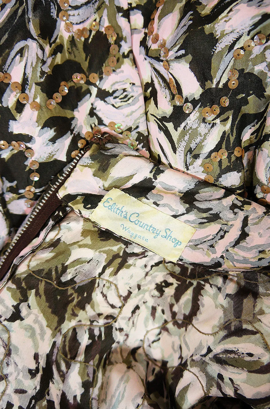 1950s Pink Print Silk and Sequin Dress