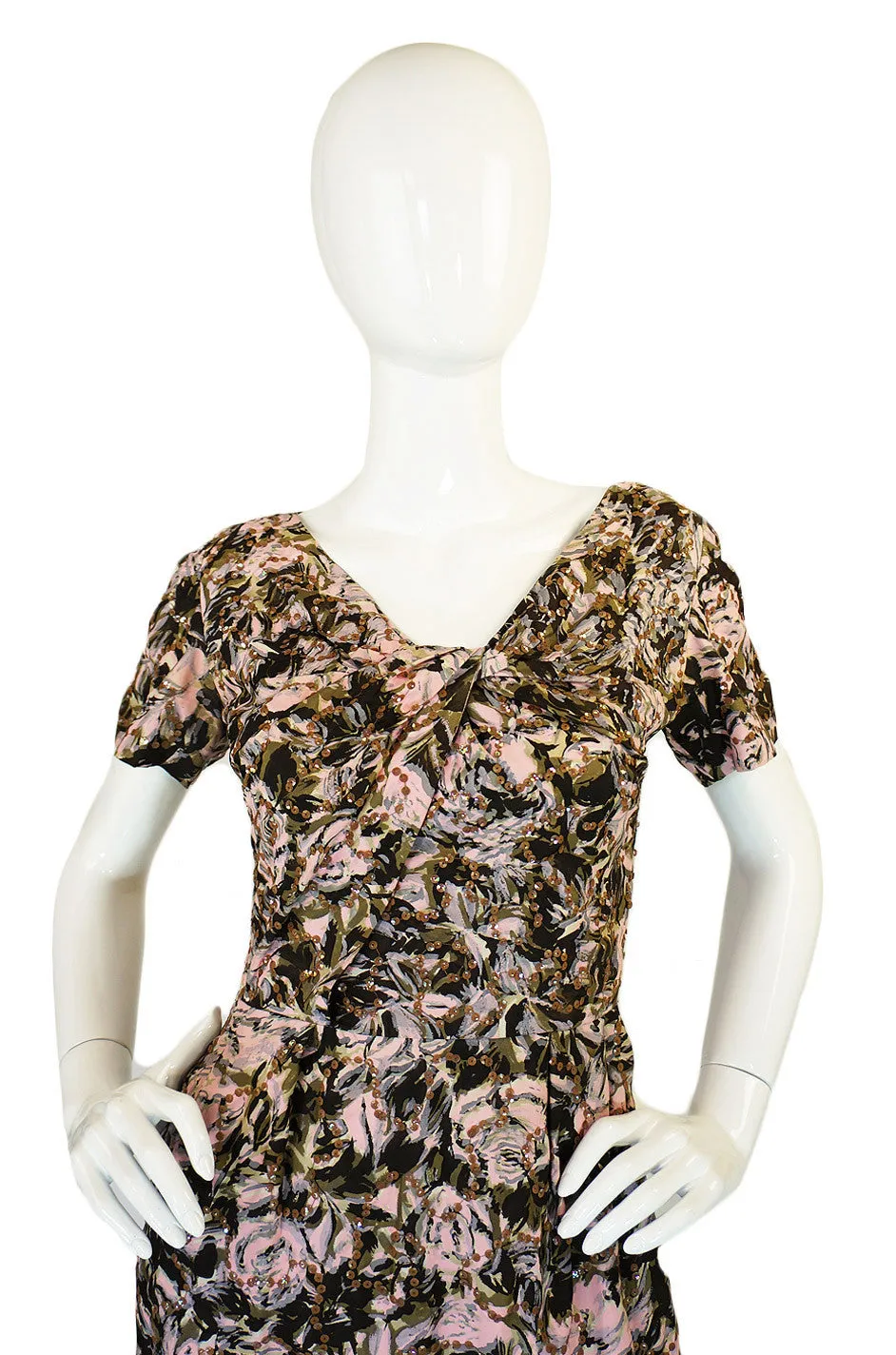 1950s Pink Print Silk and Sequin Dress