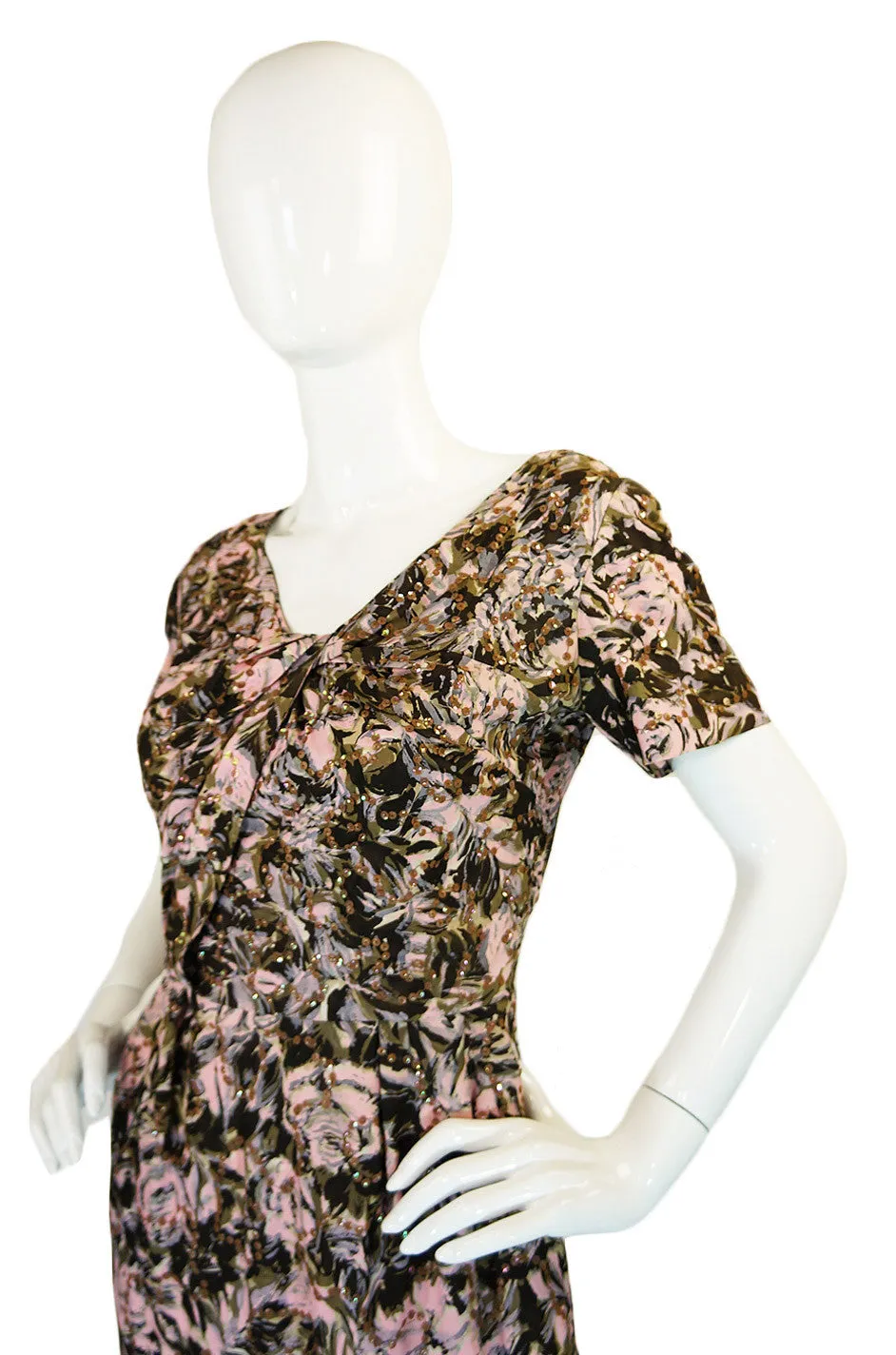 1950s Pink Print Silk and Sequin Dress