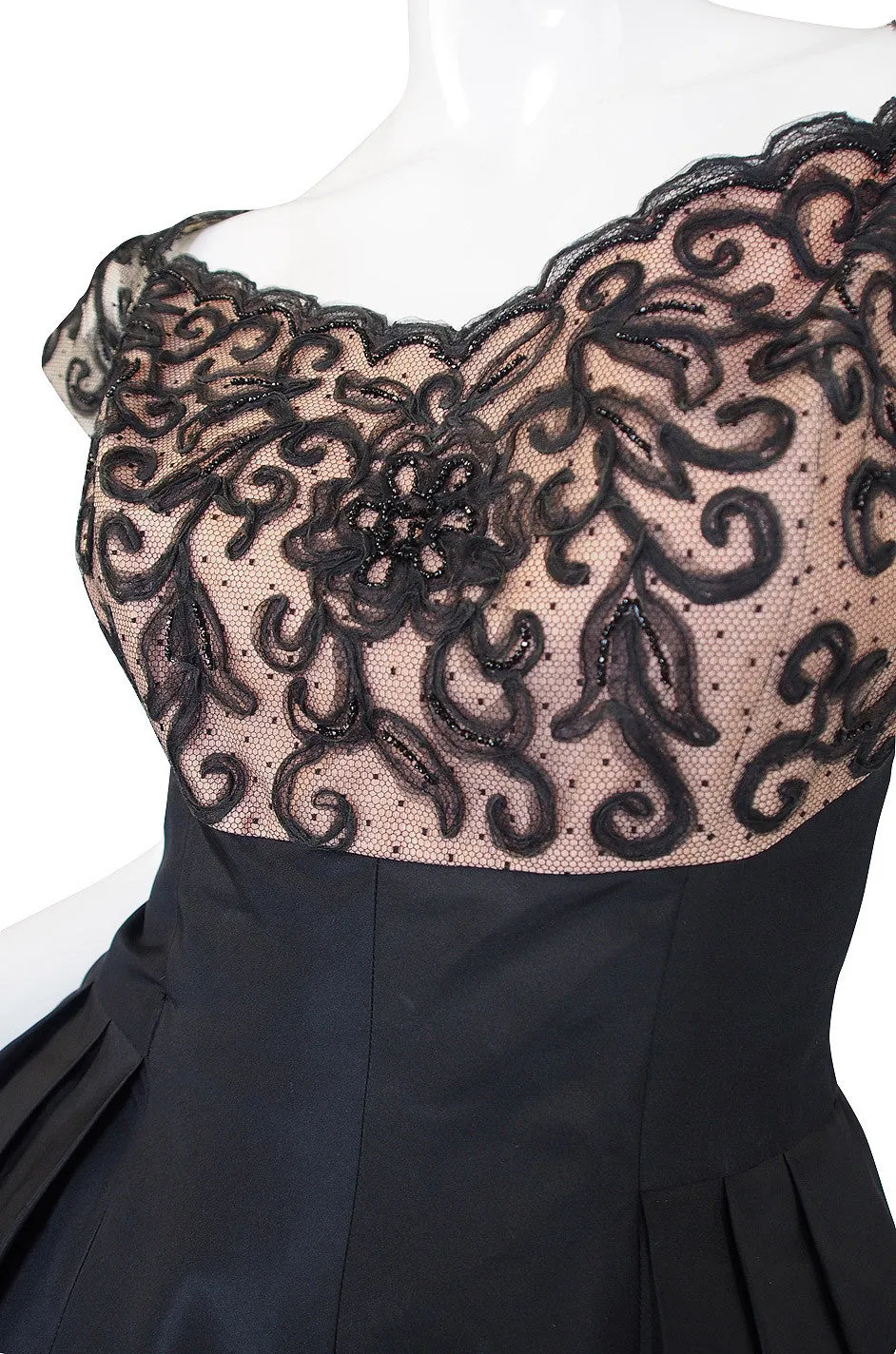 1950s Silk and Net Lace Beaded Cocktail Dress