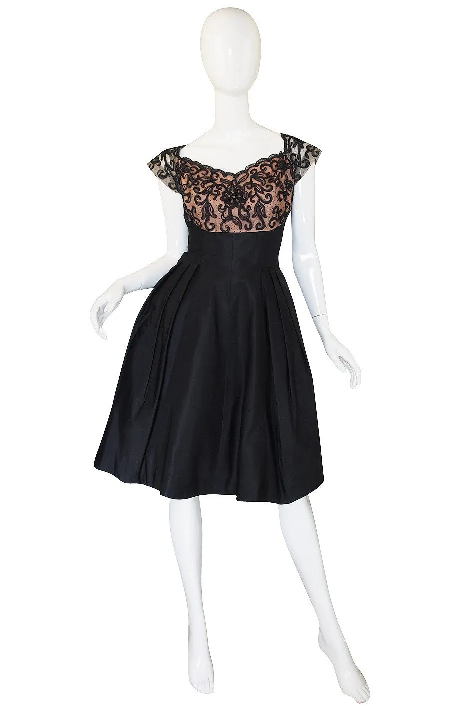 1950s Silk and Net Lace Beaded Cocktail Dress