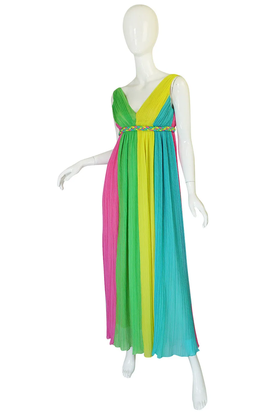 1960s Saks Sarafina Multi Color Pleated Chiffon Dress