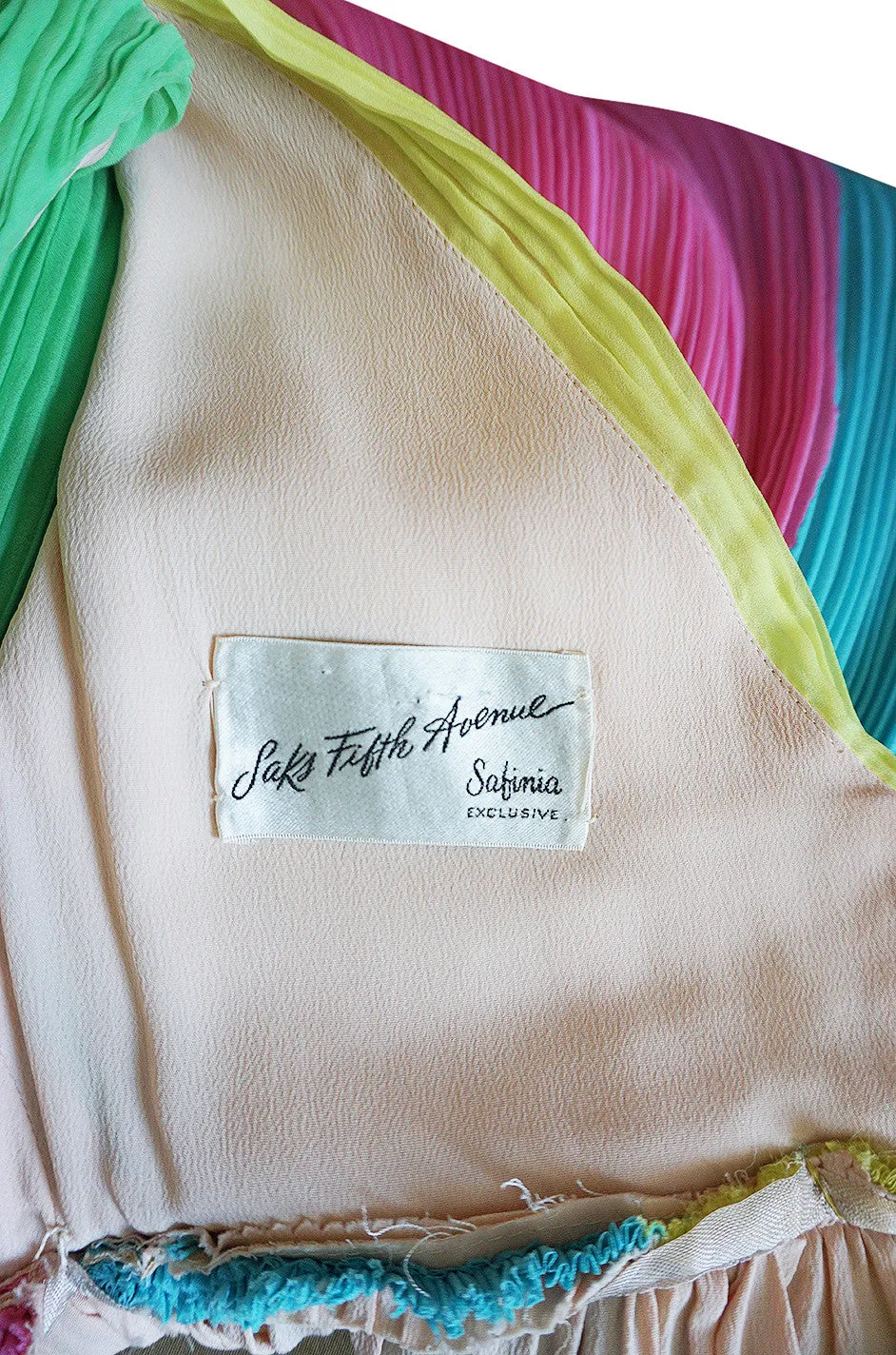 1960s Saks Sarafina Multi Color Pleated Chiffon Dress
