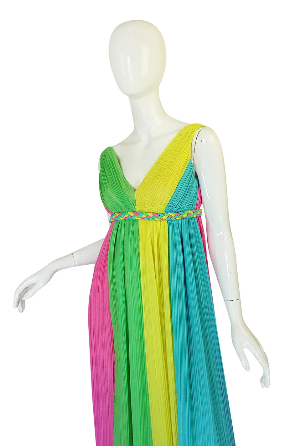1960s Saks Sarafina Multi Color Pleated Chiffon Dress