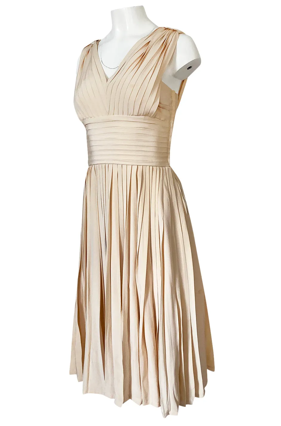 1960s Unlabeled Norman Norell Creamy Ivory Silk Knife Pleat Dress