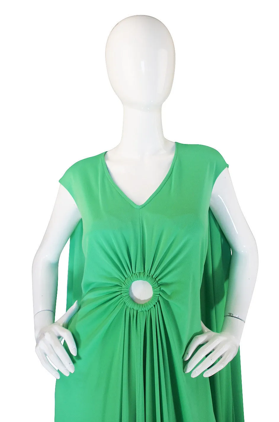 1970s Green Caped Jersey Maxi with Cut Out