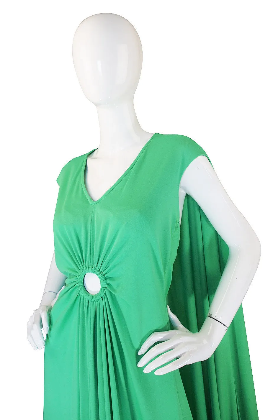 1970s Green Caped Jersey Maxi with Cut Out